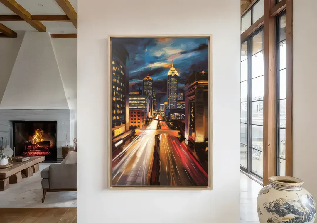 Atlanta Cityscape at Night canvas wall art in a living room with a fireplace