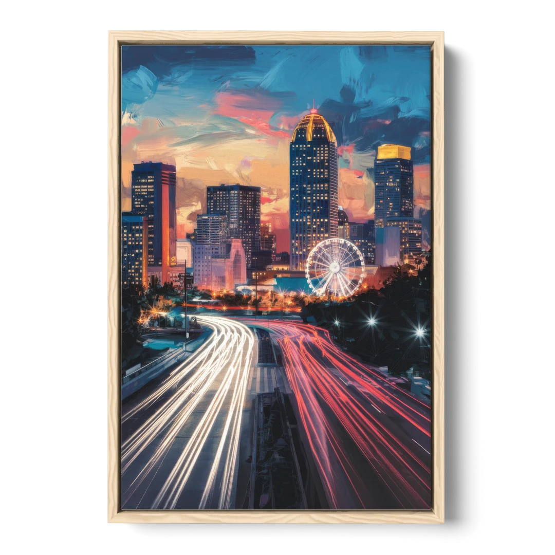 Atlanta Downtown Landmarks - Oak Framed Canvas Wall Art - Front