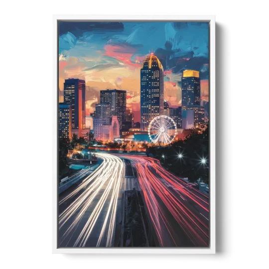 Atlanta Downtown Landmarks - White Framed Canvas Wall Art - Front