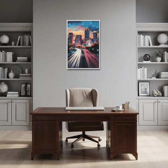Atlanta Downtown Landmarks - White Framed Canvas Wall Art - Office - 24x36