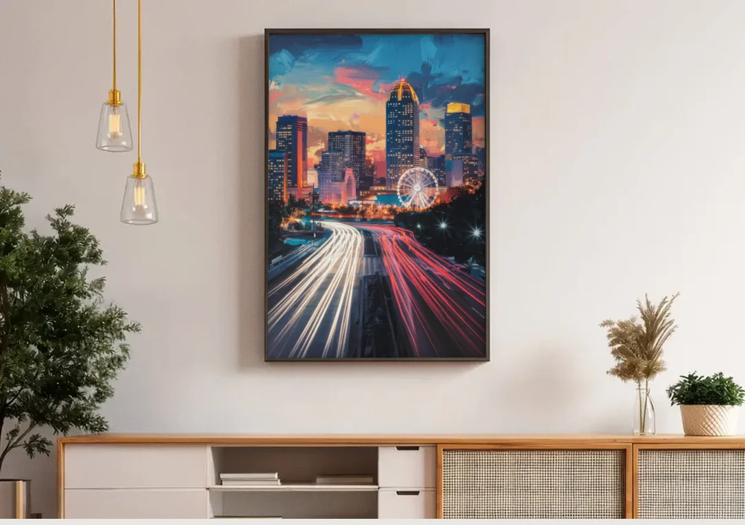 Atlanta Downtown Landmarks canvas wall art above a wooden sideboard under pendant lights