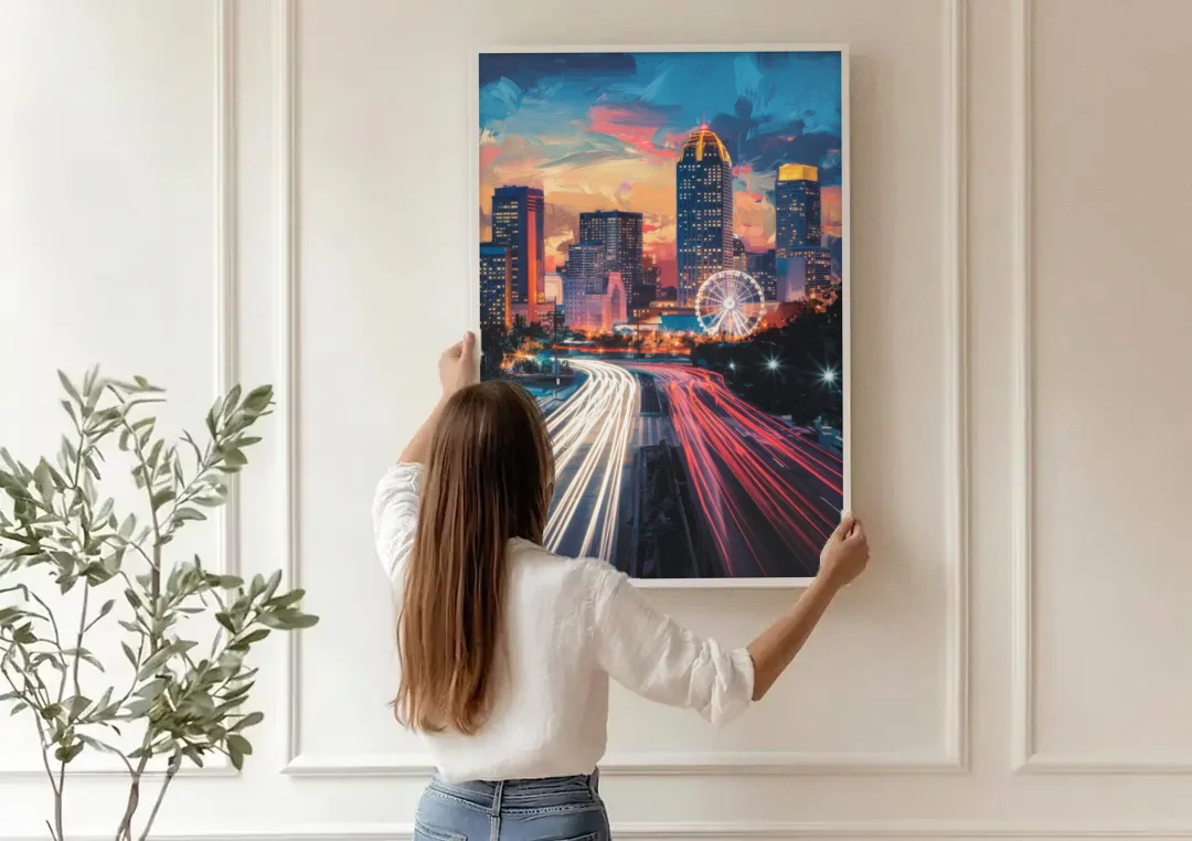 Atlanta Downtown Landmarks canvas wall art being hung on a paneled wall