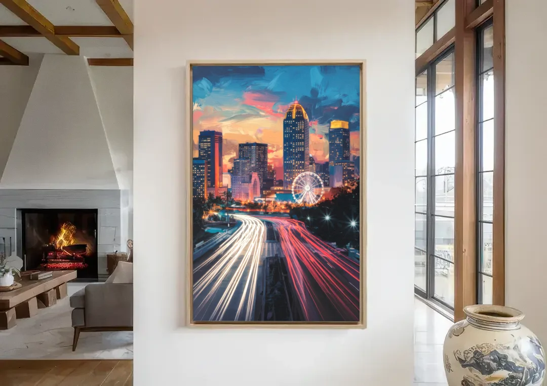 Atlanta Downtown Landmarks canvas wall art in a living room with a fireplace