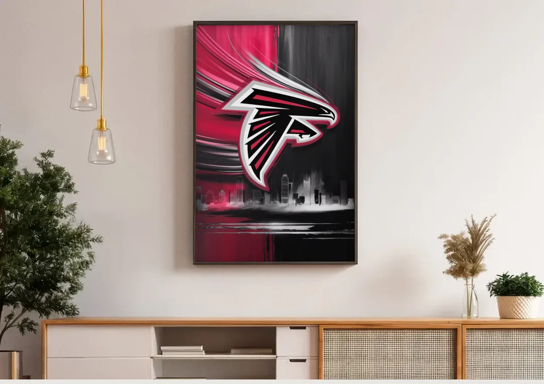 Atlanta Falcons Fans Tribute canvas wall art above a wooden sideboard under pendant lights