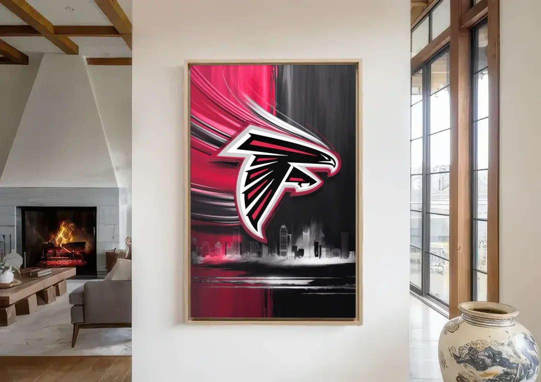 Atlanta Falcons Fans Tribute canvas wall art in a living room with a fireplace