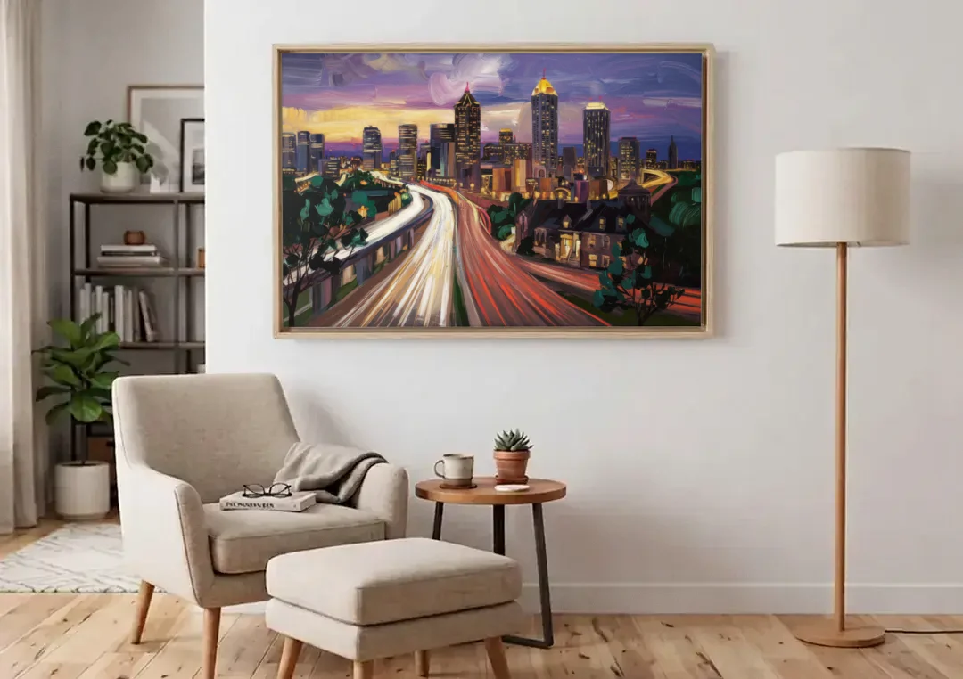 Atlanta Historic Neighborhoods canvas wall art above an armchair in a bright living room