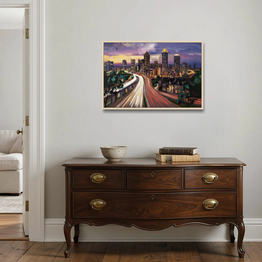 Atlanta Historic Neighborhoods - Oak Framed Canvas Wall Art - Coffee Table - 36x24