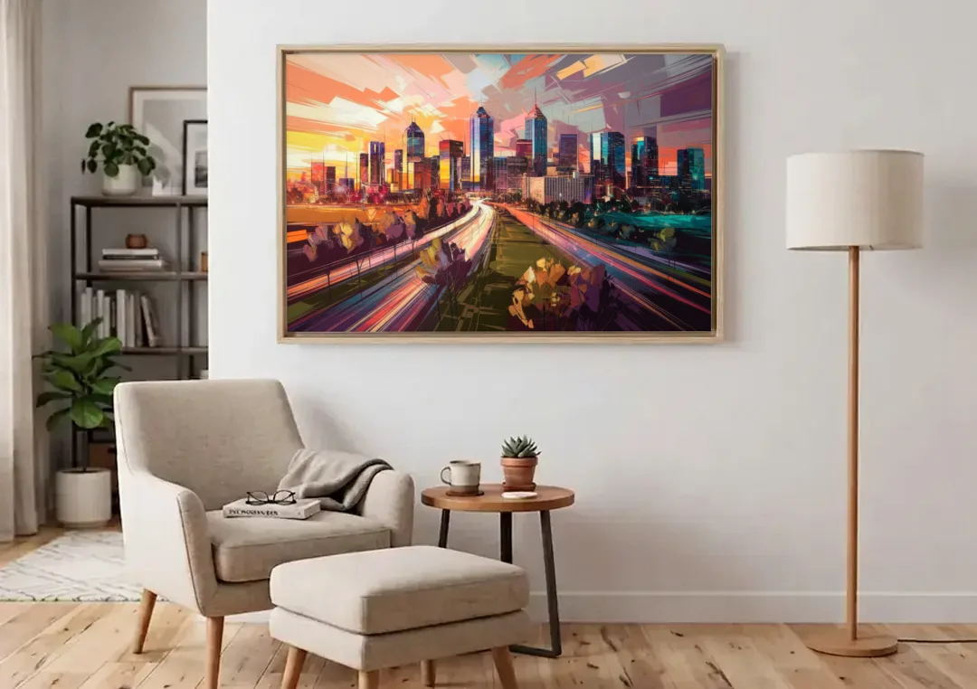 Atlanta Midtown Skyline canvas wall art above an armchair in a bright living room