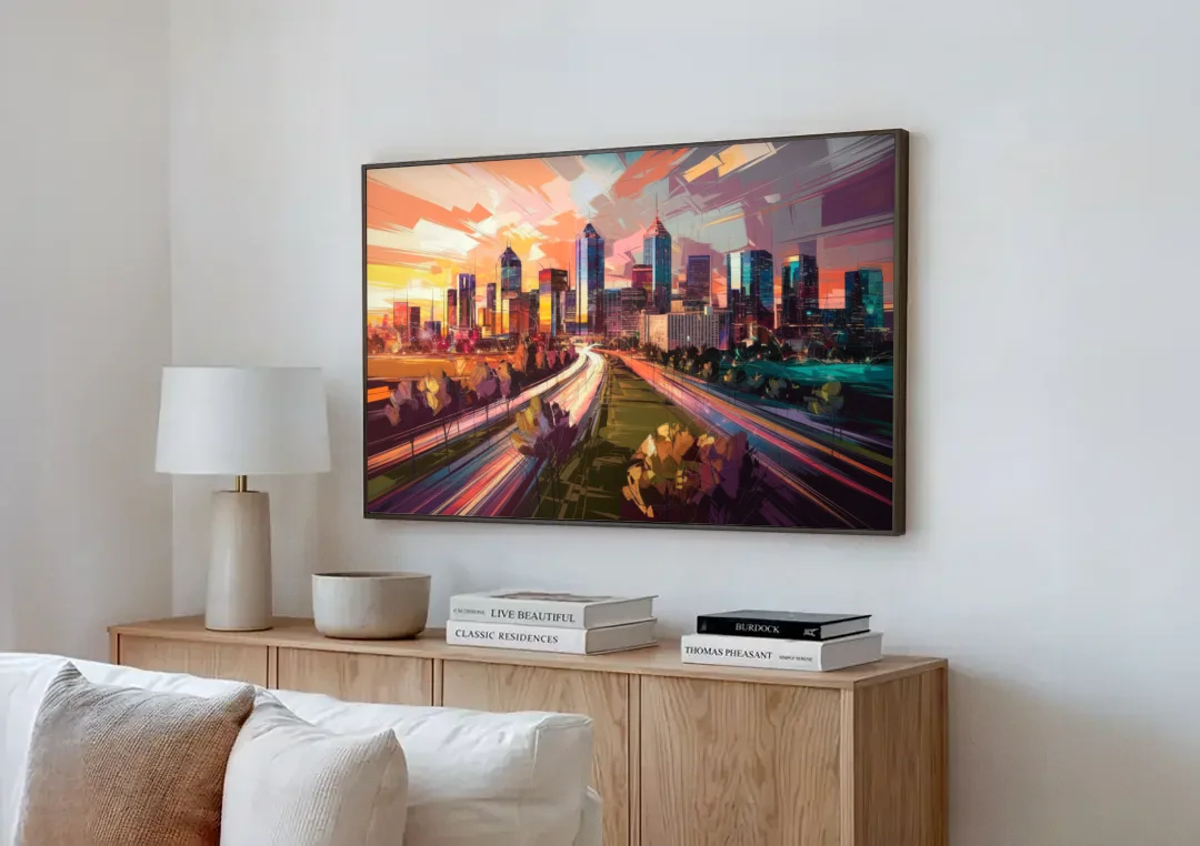 Atlanta Midtown Skyline canvas wall art above a wooden sideboard next to a sofa