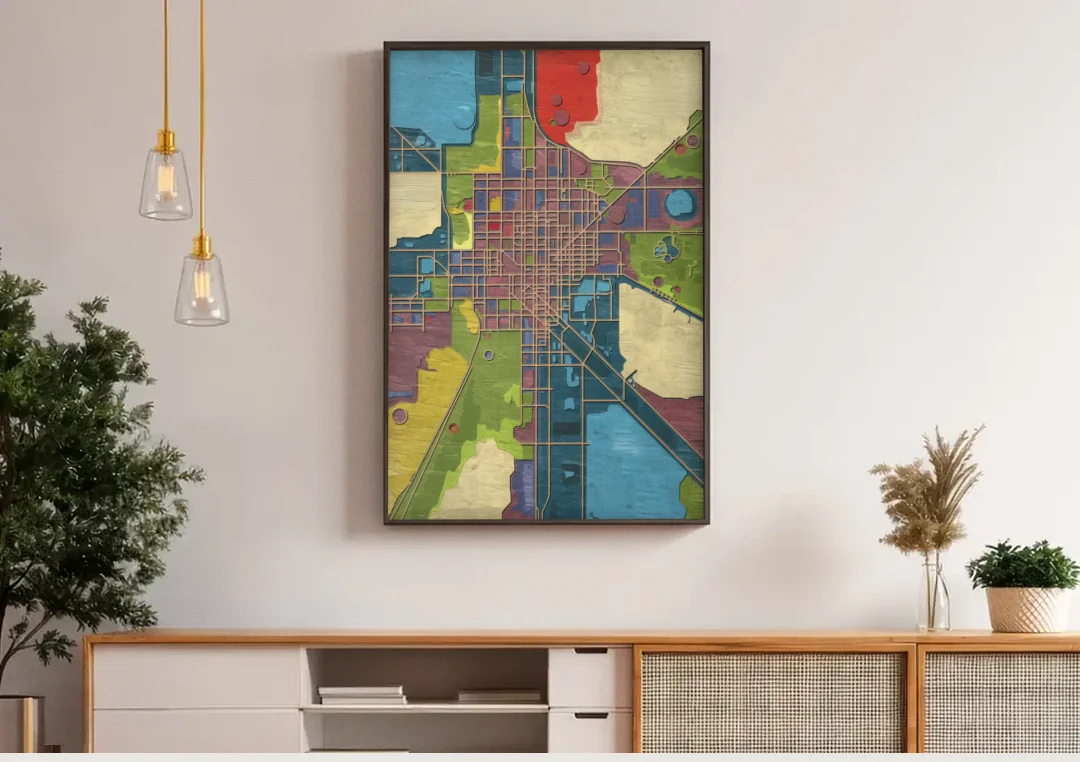 Atlanta Modern Map Design canvas wall art above a wooden sideboard under pendant lights