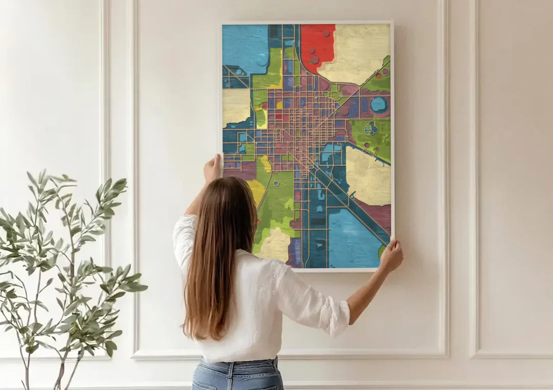 Atlanta Modern Map Design canvas wall art being hung on a paneled wall