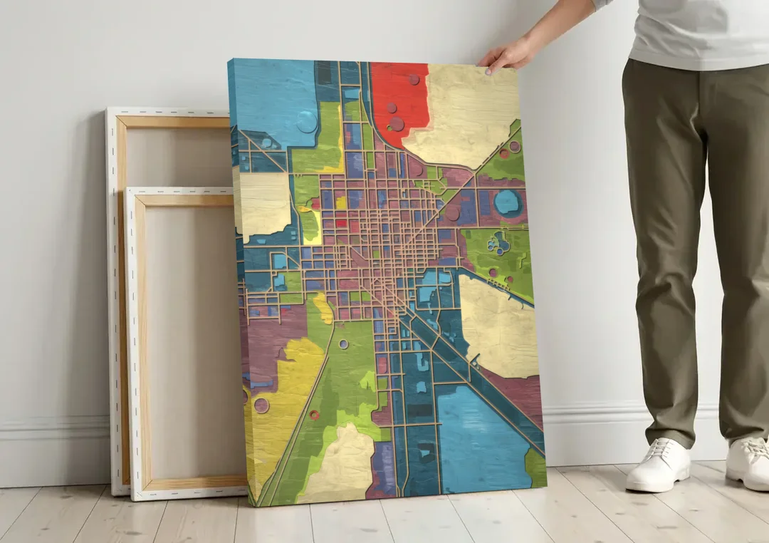 Atlanta Modern Map Design canvas wall art leaning against a wall next to blank canvases