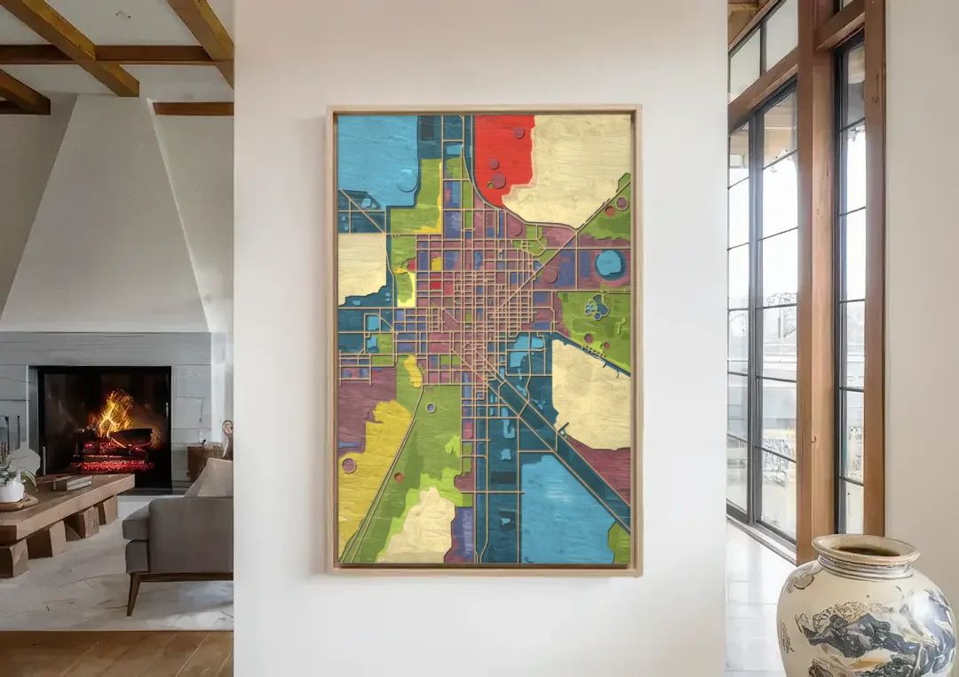 Atlanta Modern Map Design canvas wall art in a living room with a fireplace