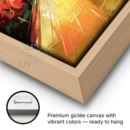 Atlanta Skyline and Peachtree Street - Oak Framed Canvas Wall Art - Gallery Wrap Corner