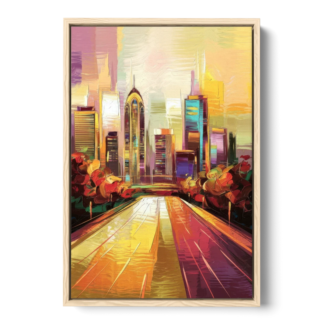 Atlanta Skyline and Peachtree Street - Oak Framed Canvas Wall Art - Front