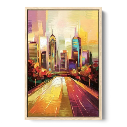 Atlanta Skyline and Peachtree Street - Oak Framed Canvas Wall Art - Front