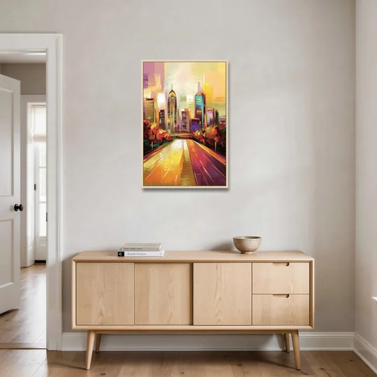 Atlanta Skyline and Peachtree Street - Oak Framed Canvas Wall Art - Coffee Table - 24x36