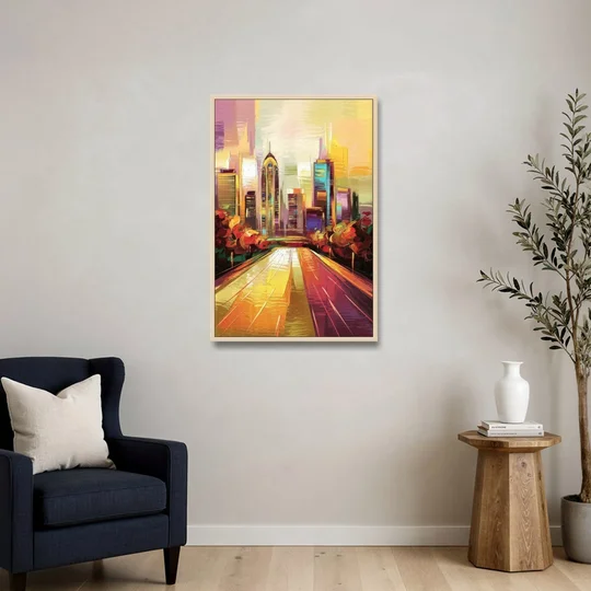 Atlanta Skyline and Peachtree Street - Oak Framed Canvas Wall Art - Sofa - 24x36
