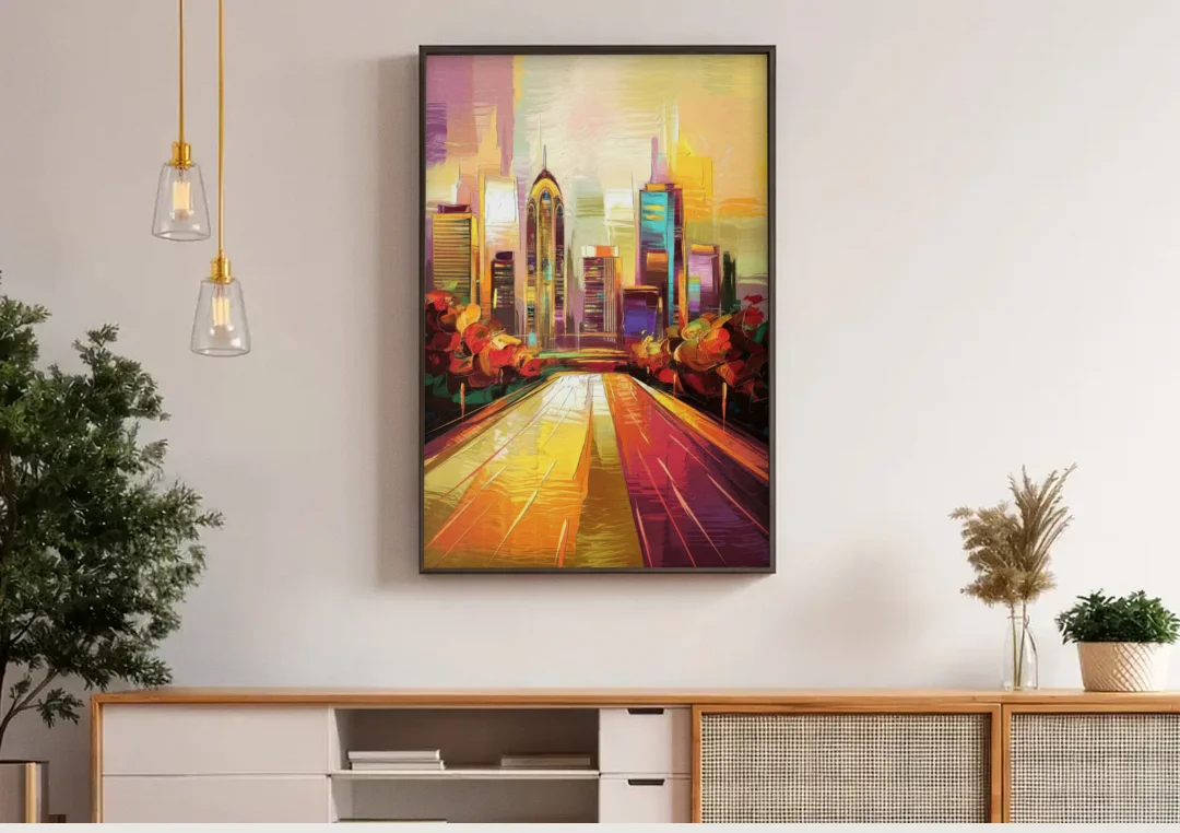 Atlanta Skyline and Peachtree Street canvas wall art above a wooden sideboard under pendant lights