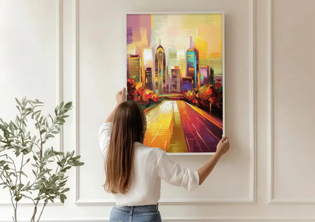 Atlanta Skyline and Peachtree Street canvas wall art being hung on a paneled wall