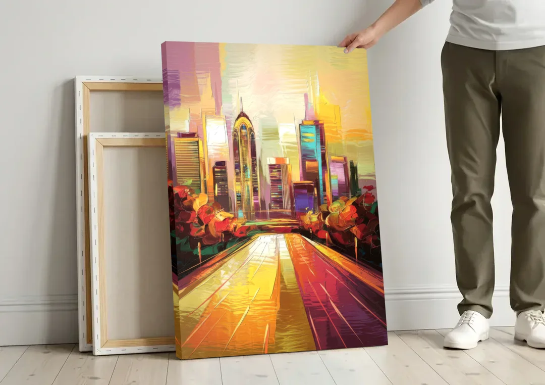 Atlanta Skyline and Peachtree Street canvas wall art leaning against a wall next to blank canvases