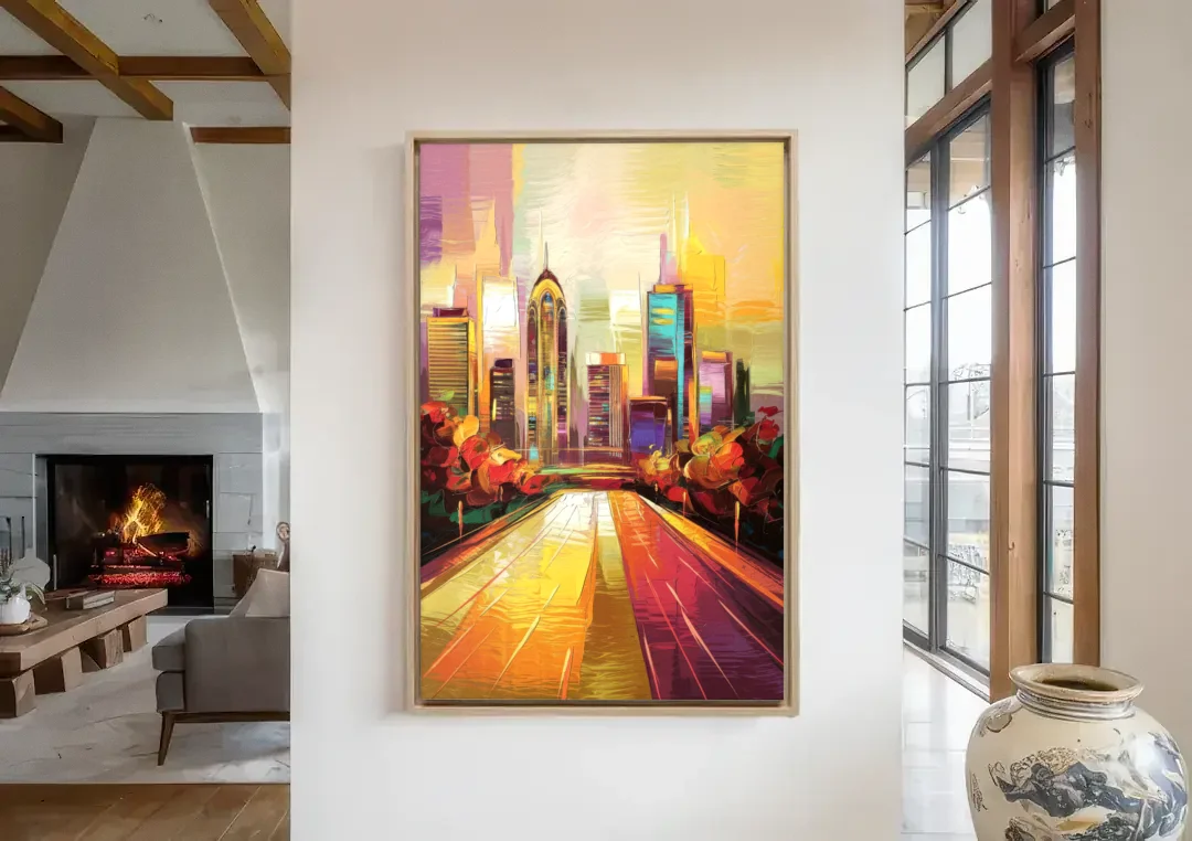 Atlanta Skyline and Peachtree Street canvas wall art in a living room with a fireplace