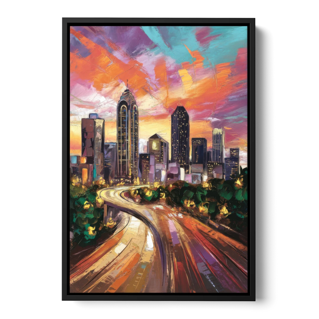Atlanta Skyline at Sunset - Black Framed Canvas Wall Art - Front