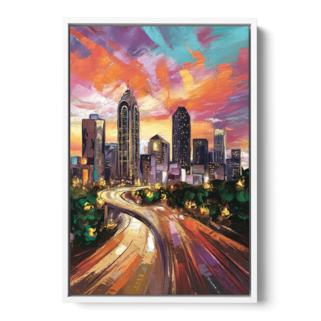 Atlanta Skyline at Sunset - White Framed Canvas Wall Art - Front