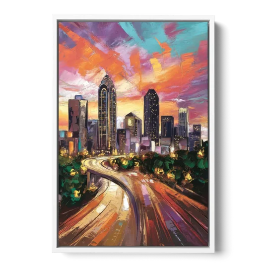 Atlanta Skyline at Sunset - White Framed Canvas Wall Art - Front
