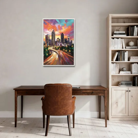 Atlanta Skyline at Sunset - White Framed Canvas Wall Art - Office - 24x36