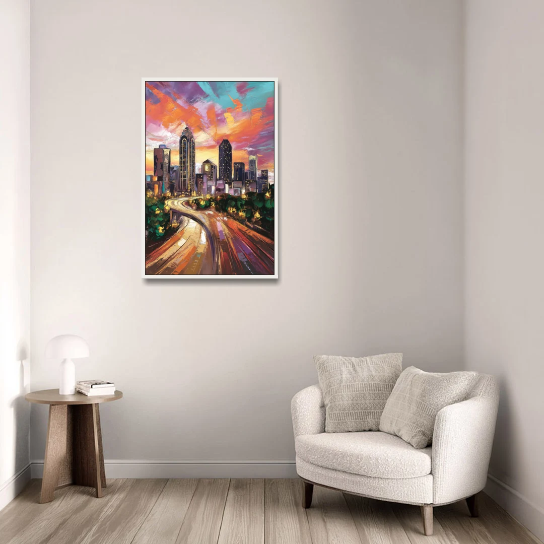 Atlanta Skyline at Sunset - White Framed Canvas Wall Art - Sofa - 24x36