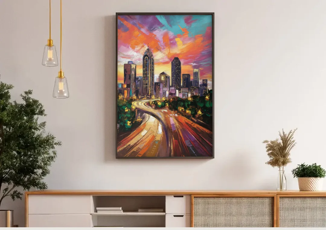Atlanta Skyline at Sunset canvas wall art above a wooden sideboard under pendant lights