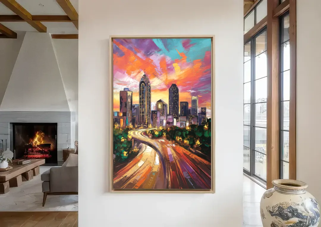 Atlanta Skyline at Sunset canvas wall art in a living room with a fireplace