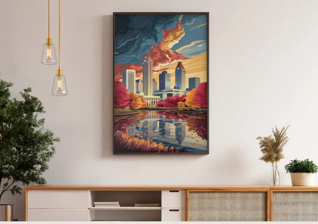 Atlanta Skyline in Autumn canvas wall art above a wooden sideboard under pendant lights