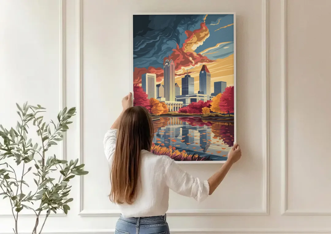 Atlanta Skyline in Autumn canvas wall art being hung on a paneled wall