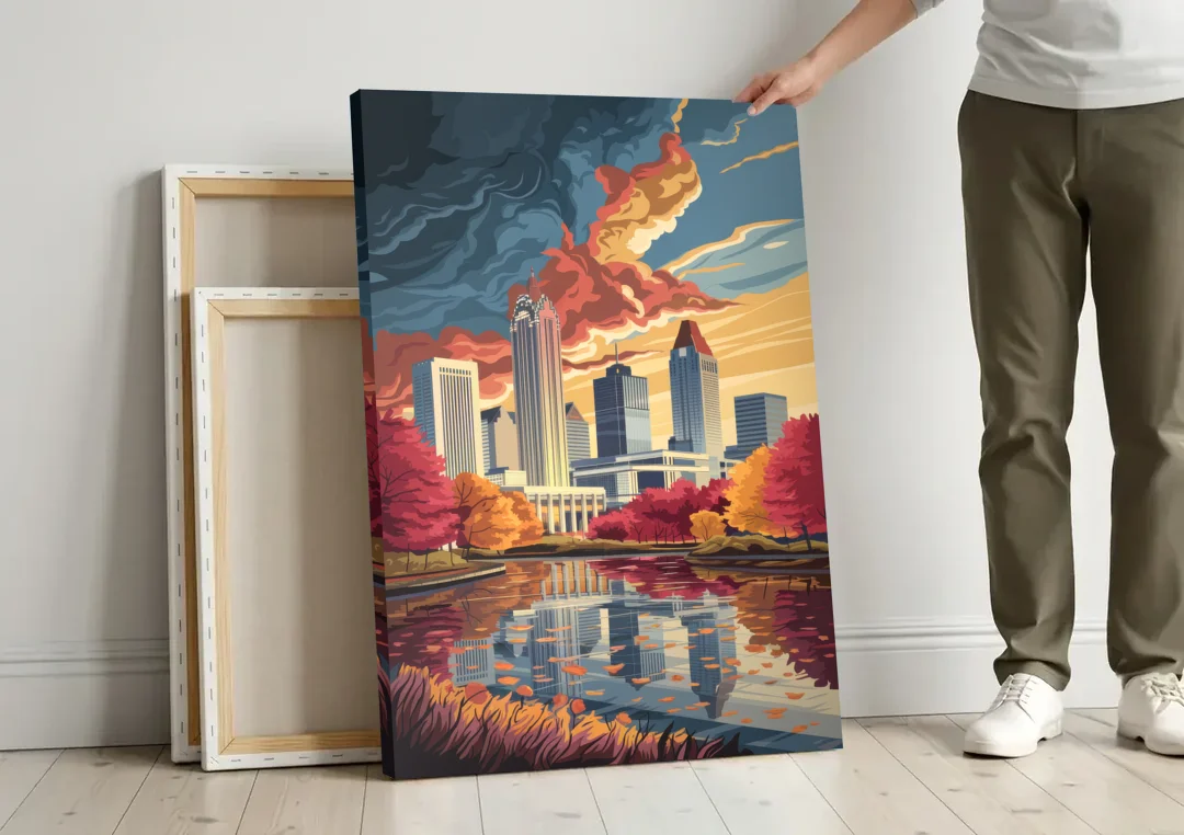 Atlanta Skyline in Autumn canvas wall art leaning against a wall next to blank canvases