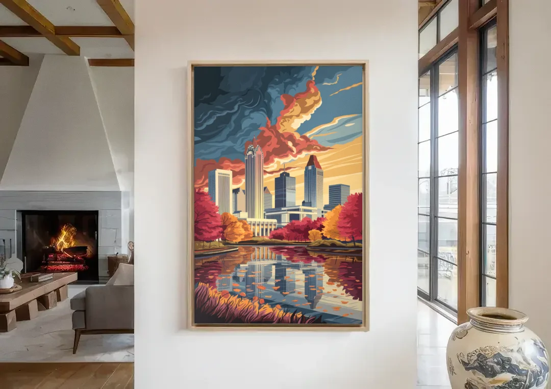 Atlanta Skyline in Autumn canvas wall art in a living room with a fireplace