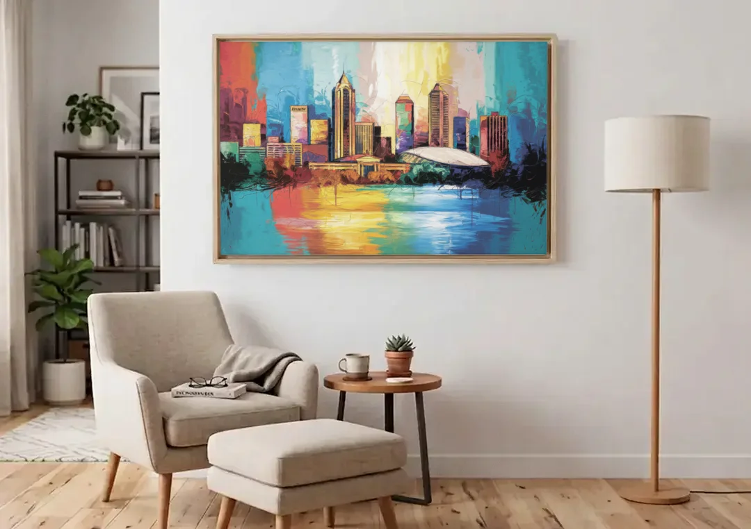 Atlanta Skyline Panoramic View canvas wall art above an armchair in a bright living room