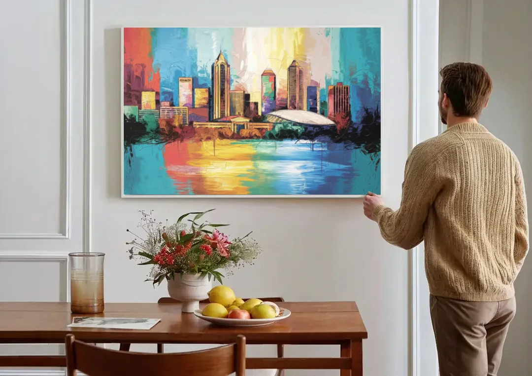 Atlanta Skyline Panoramic View canvas wall art above a dining table