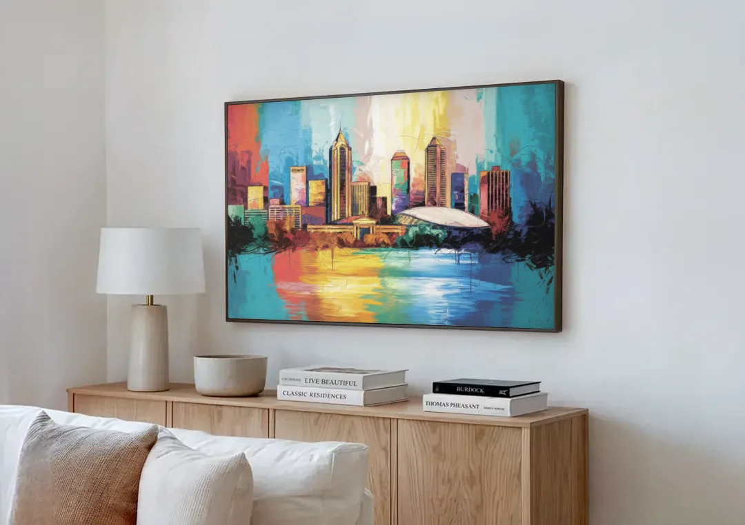 Atlanta Skyline Panoramic View canvas wall art above a wooden sideboard next to a sofa