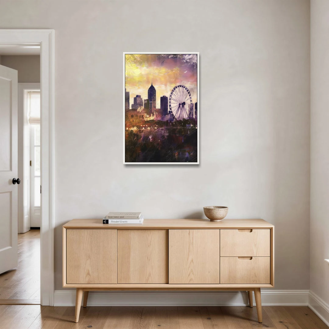Atlanta Skyline with Ferris Wheel - White Framed Canvas Wall Art - Coffee Table - 24x36