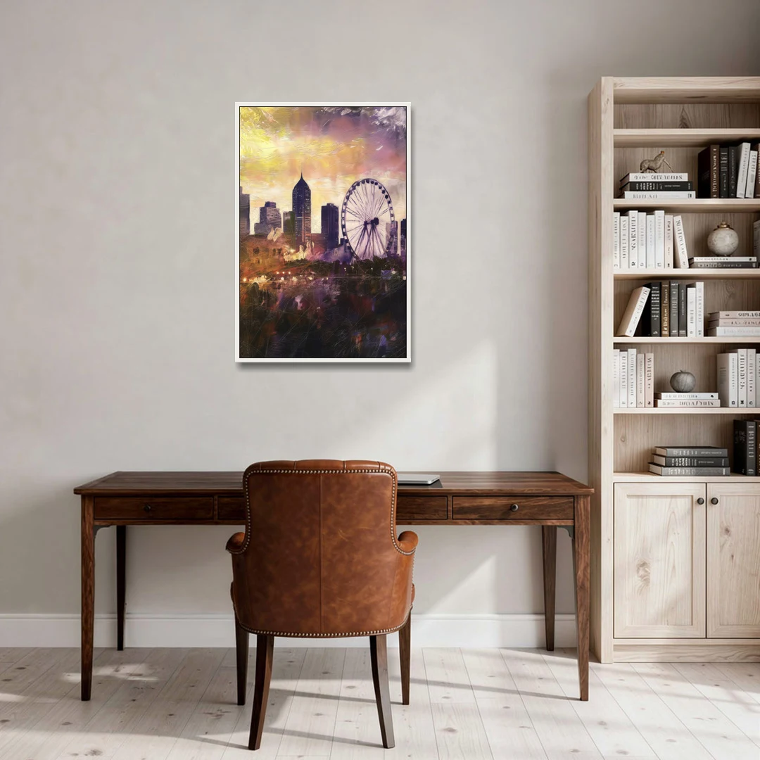 Atlanta Skyline with Ferris Wheel - White Framed Canvas Wall Art - Office - 24x36