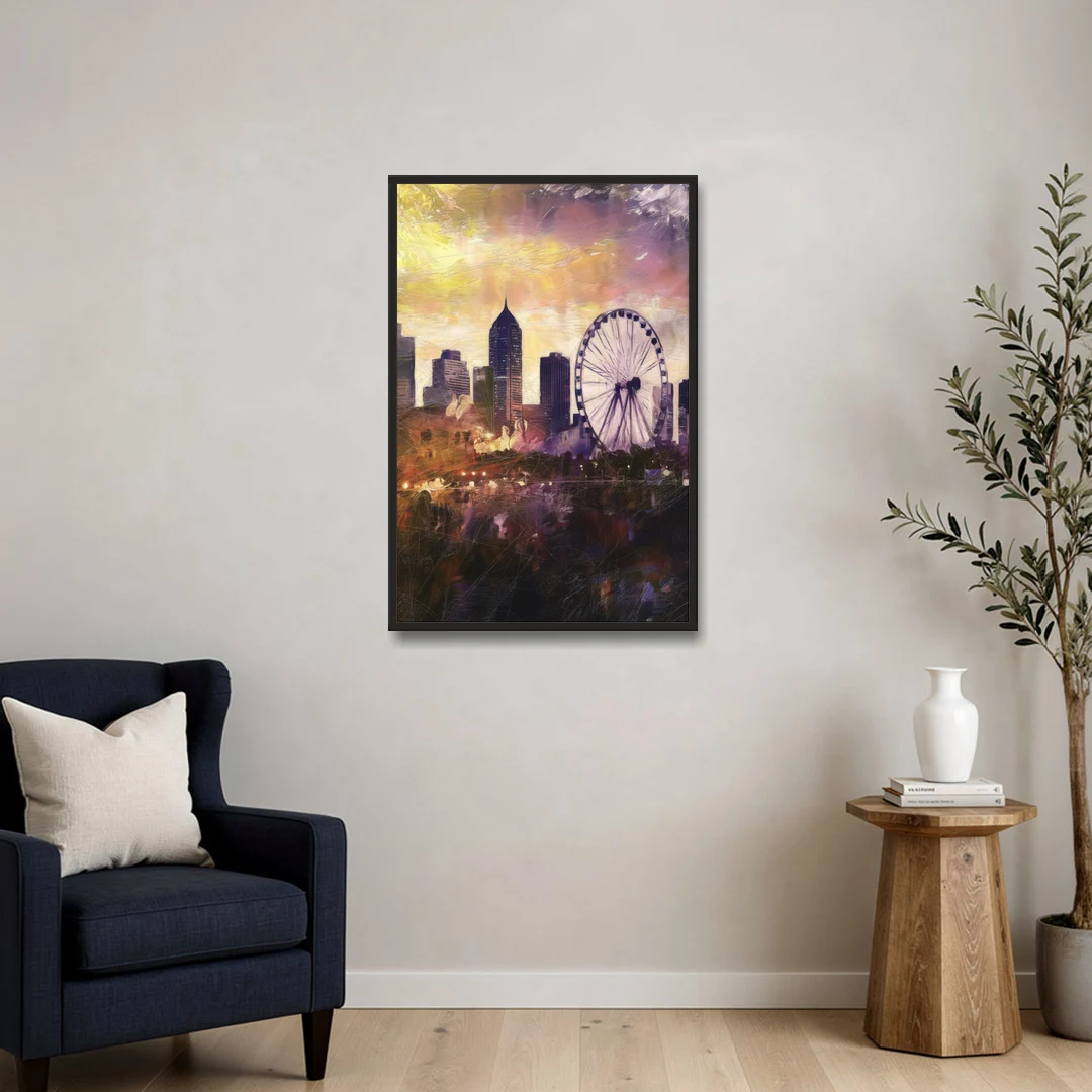 Atlanta Skyline with Ferris Wheel - Black Framed Canvas Wall Art - Sofa - 24x36