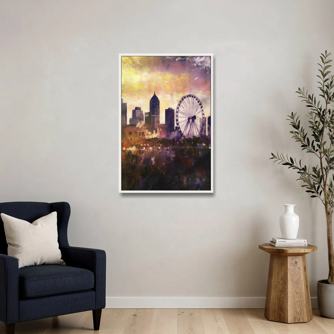 Atlanta Skyline with Ferris Wheel - White Framed Canvas Wall Art - Sofa - 24x36