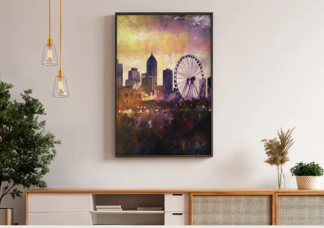 Atlanta Skyline with Ferris Wheel canvas wall art above a wooden sideboard under pendant lights