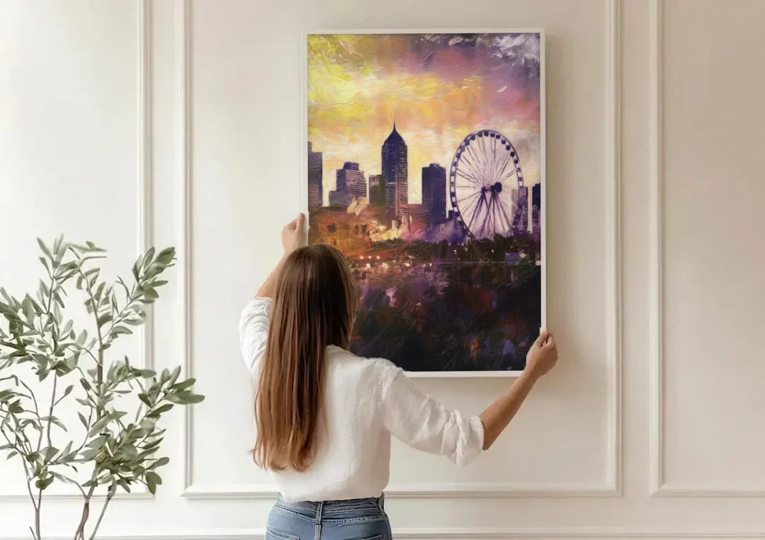 Atlanta Skyline with Ferris Wheel canvas wall art being hung on a paneled wall