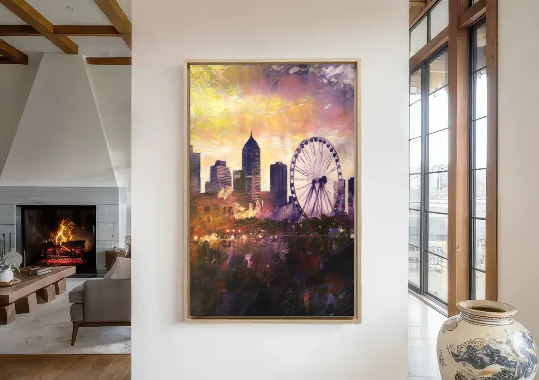 Atlanta Skyline with Ferris Wheel canvas wall art in a living room with a fireplace