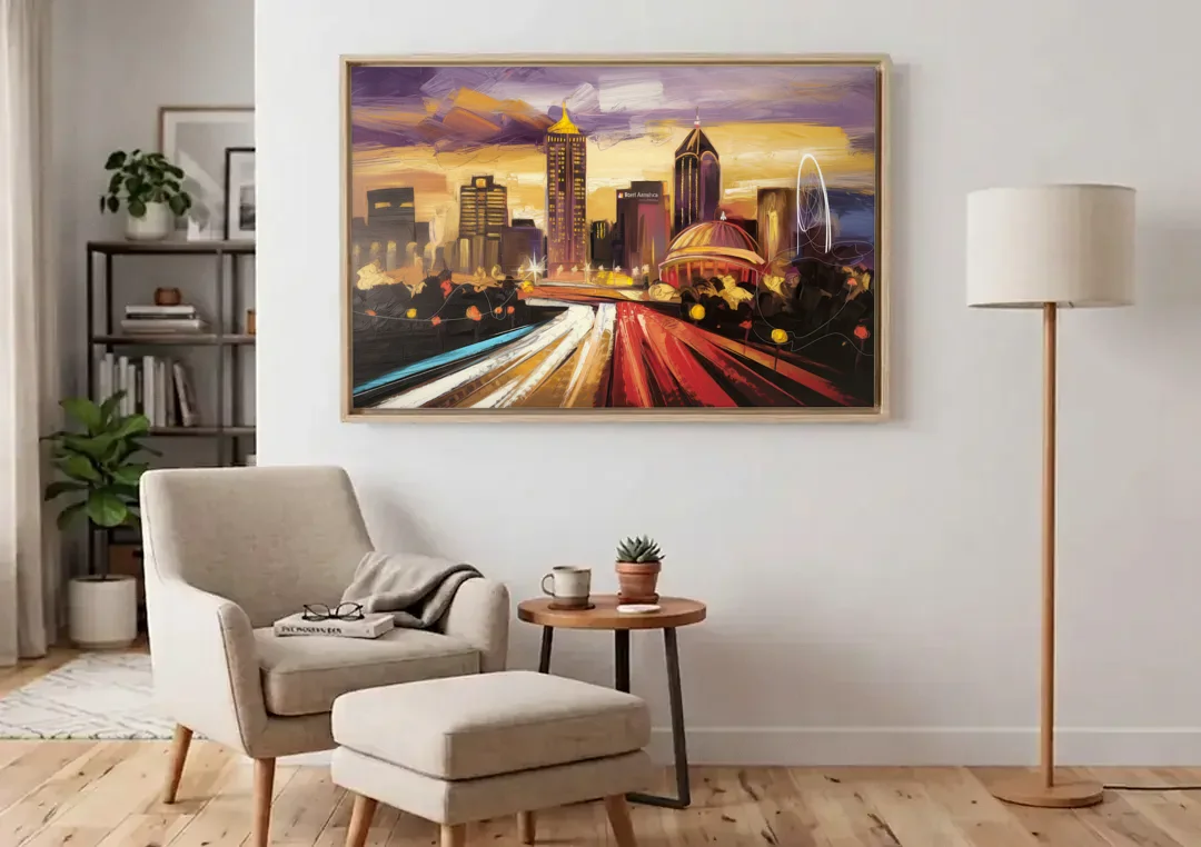 Atlanta Skyline With Georgia Dome canvas wall art above an armchair in a bright living room