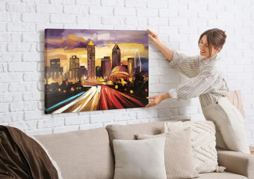 Atlanta Skyline With Georgia Dome canvas wall art being hung on a white brick wall above a sofa