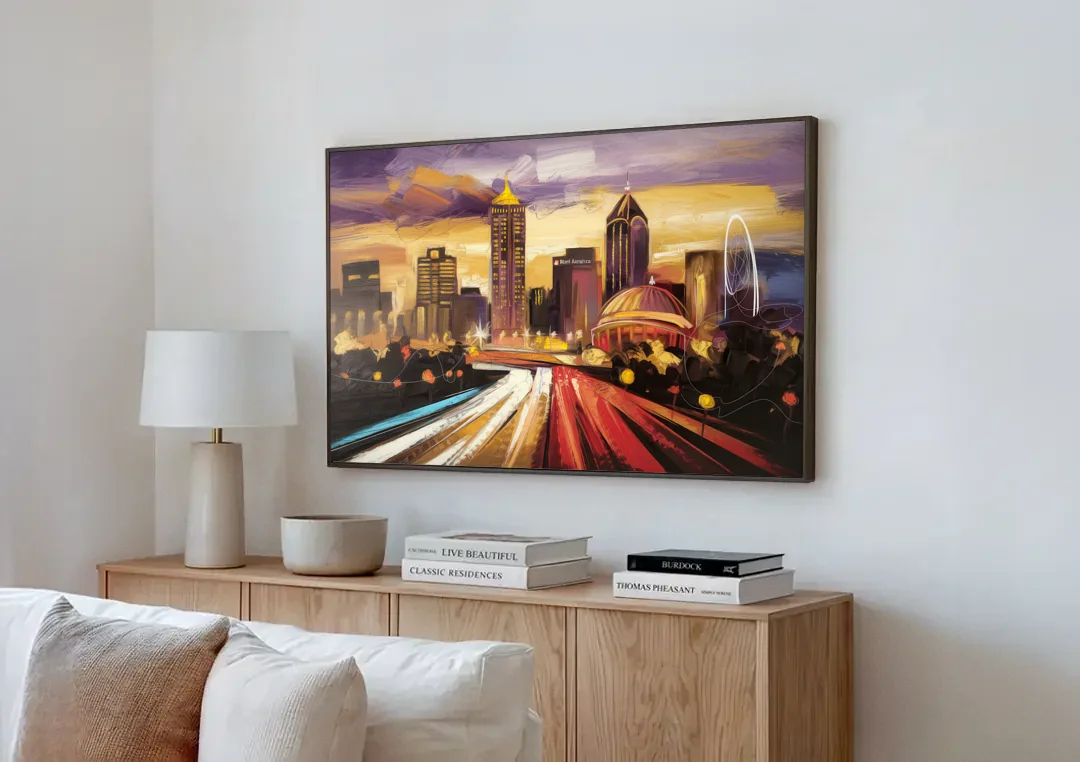 Atlanta Skyline With Georgia Dome canvas wall art above a wooden sideboard next to a sofa